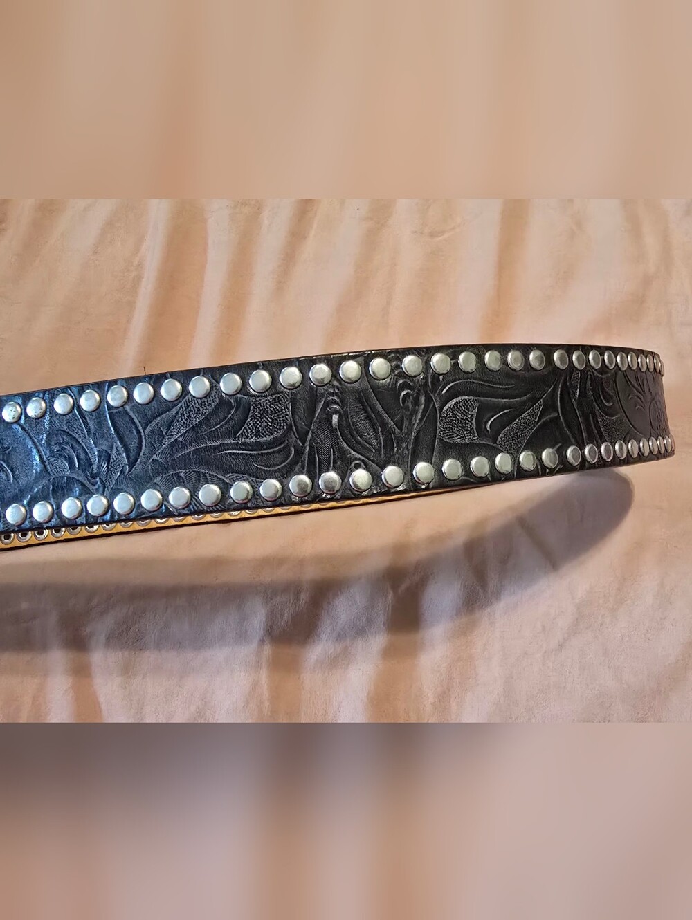 OLGA SANTINI Genuine Leather Vintage Embossed Studded Wrstetn Belt Black - Picture 5 of 6